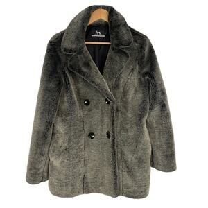 Blanc Noir Faux Fur Double Breasted Coat Gray Black Large